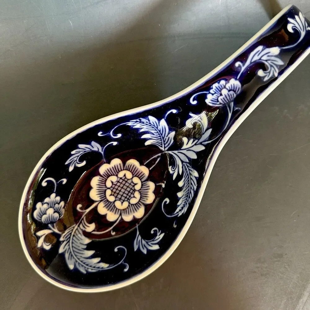 Vintage Pier 1 Blue White Ceramic Spoon Rest Floral Porcelain Kitchen Counter